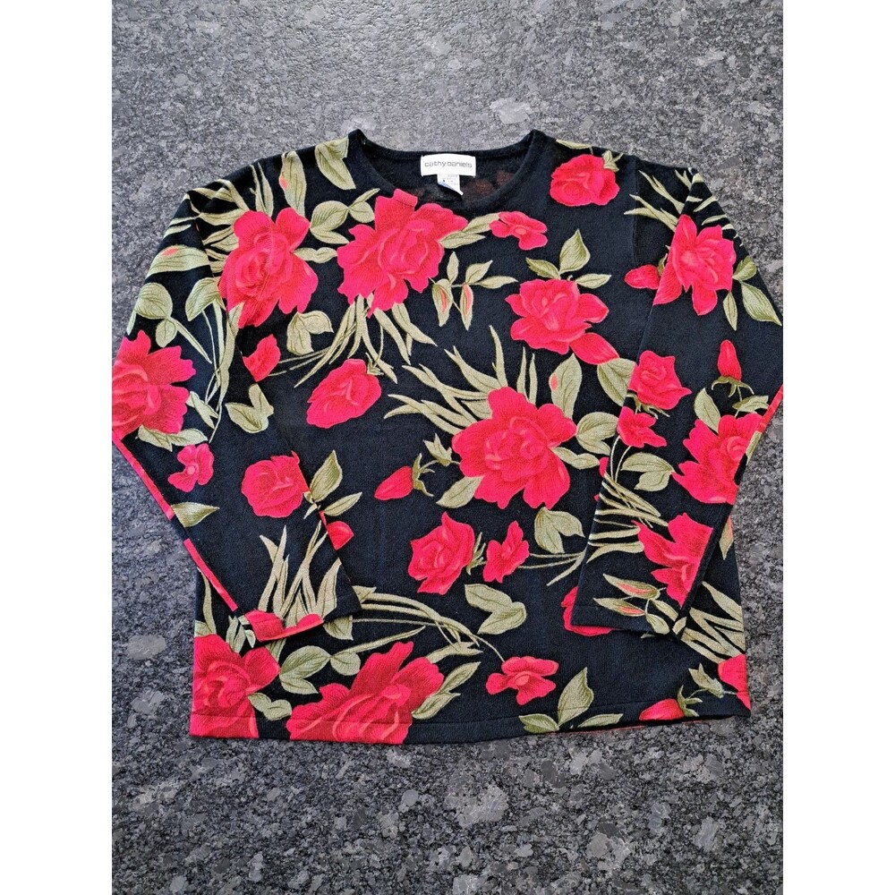 Cathy Daniels Black Sweater w/ All Over Red Floral Print Soft Women's Size XL